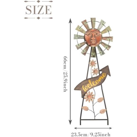 Wind Spinner Yard Art Sign for Outside 26'' Bronze Metal Sun Face Windmill Decor - Picture 3 of 7